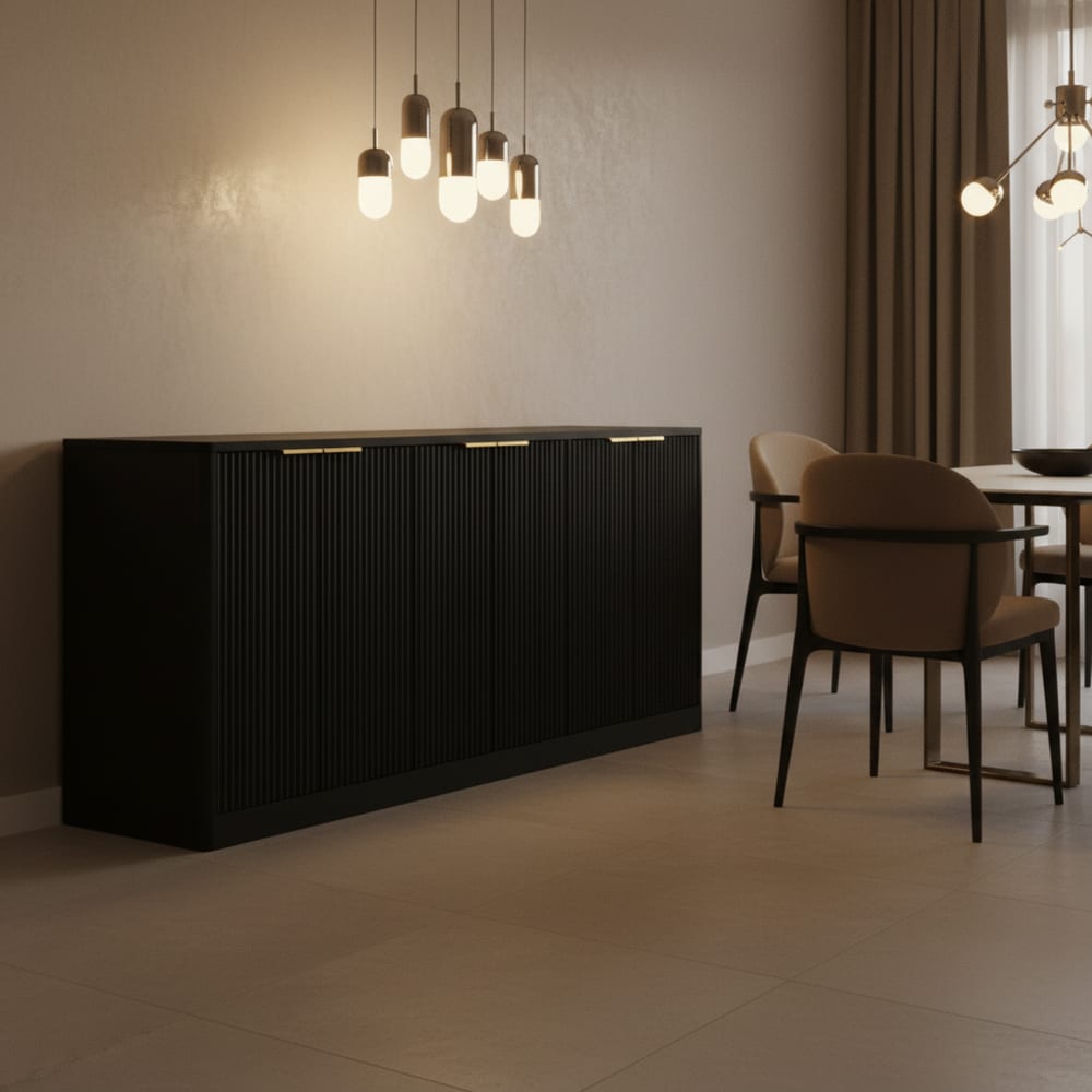 Buffet URBAN MEUBLE portes ouvertes sur ses six compartiments