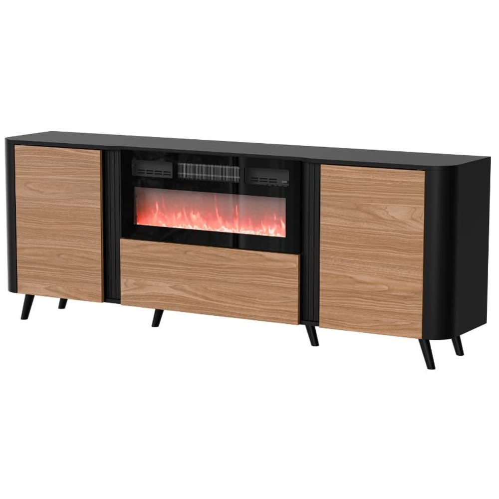 Buffet bahut LUCKY noir et bois 150 cm avec foyer décoratif chauffant