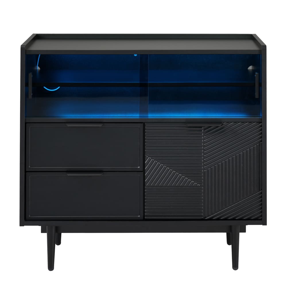 Petit buffet URBAN MEUBLE noir 80 cm avec portes coulissantes en verre et LED