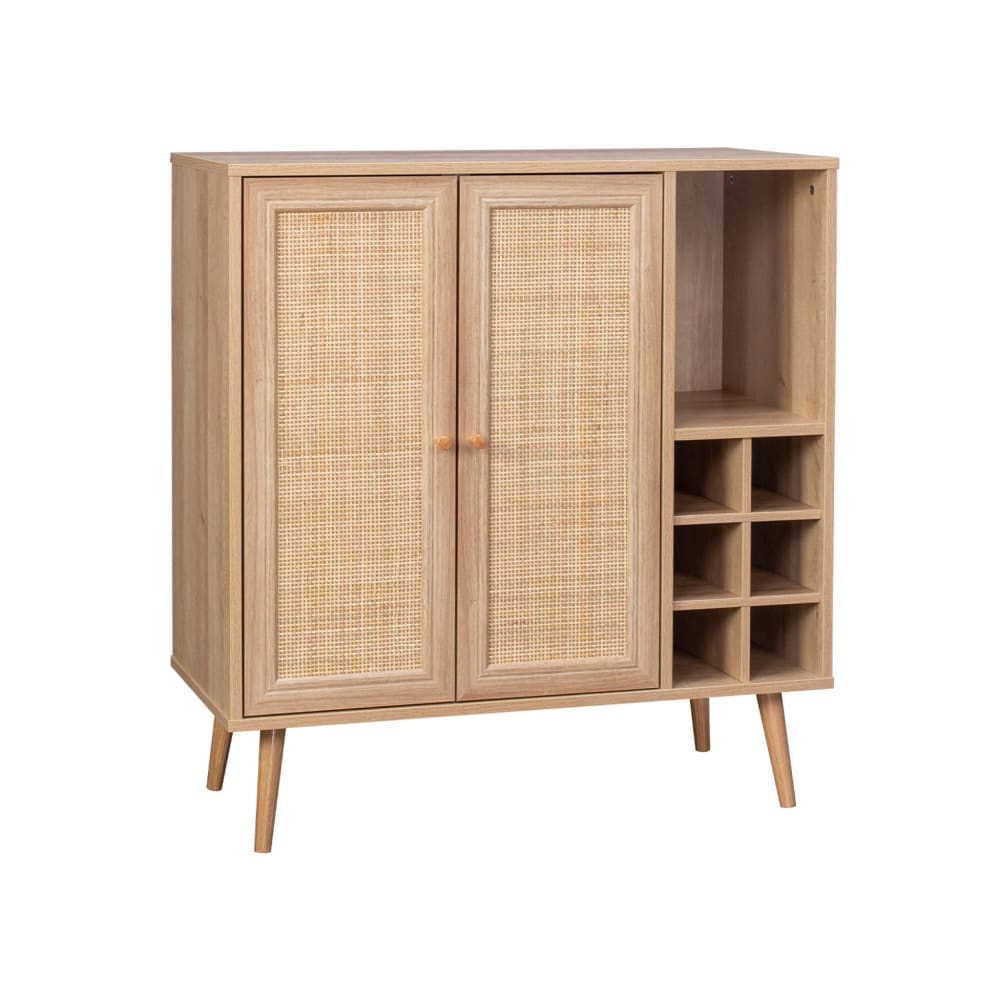Buffet range-bouteilles SWEEEK en cannage et décor bois 83 cm avec six casiers