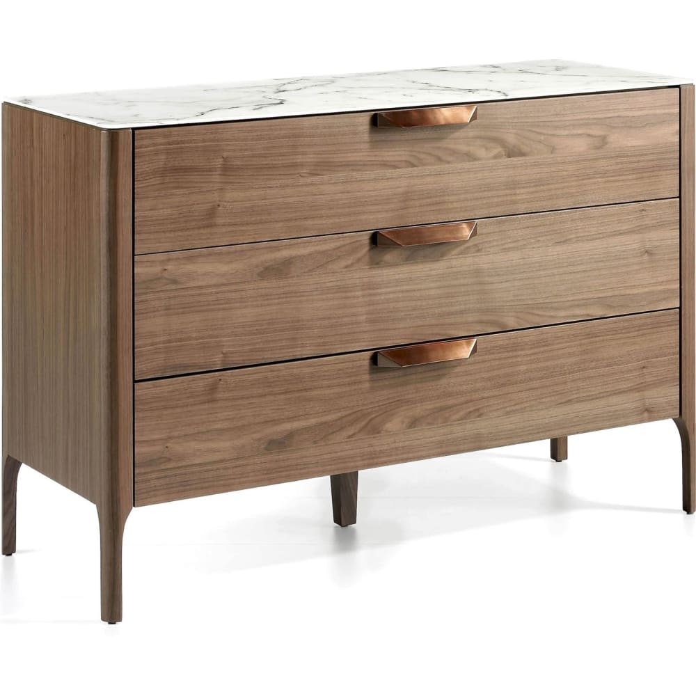 Buffet RECOLLECTION plaqué noyer plateau effet marbre 120 cm 3 tiroirs