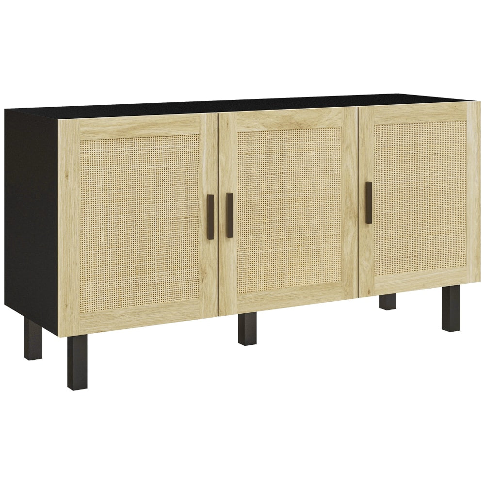 Buffet HOMCOM en cannage de rotin noir et naturel 136 cm avec 3 portes