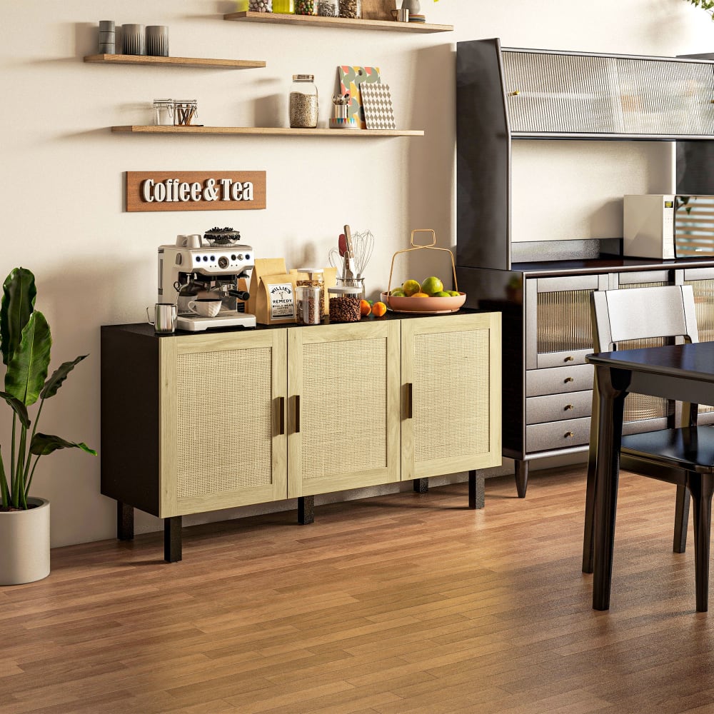 Détail du tissage effet rotin du buffet HOMCOM