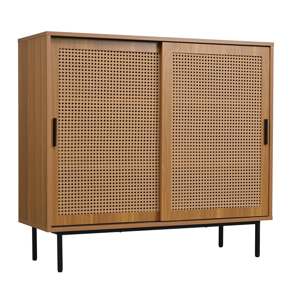 Buffet scandinave MEUBLES COSY finition noyer avec portes coulissantes en rotin