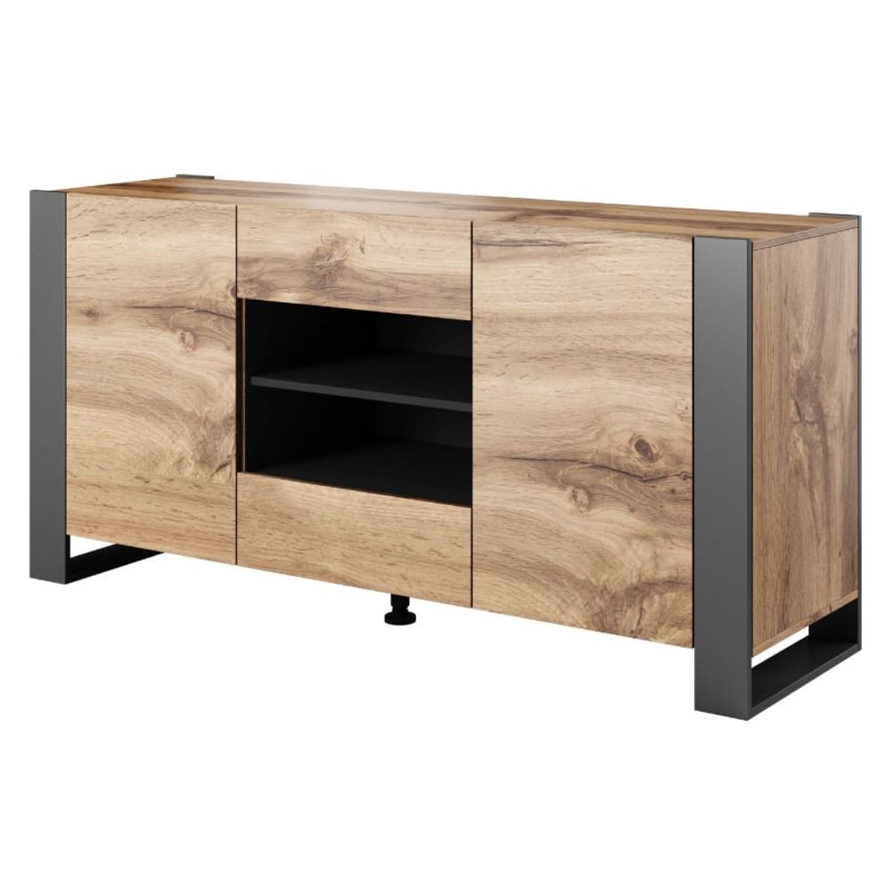 Buffet enfilade YOSH effet chêne et anthracite 164 cm avec 2 portes et 2 tiroirs