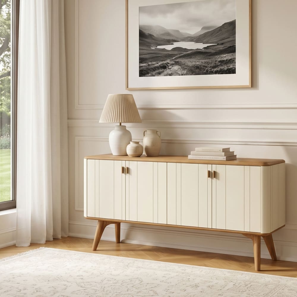 Buffet enfilade KYOTO blanc au plateau en chêne massif 159 cm