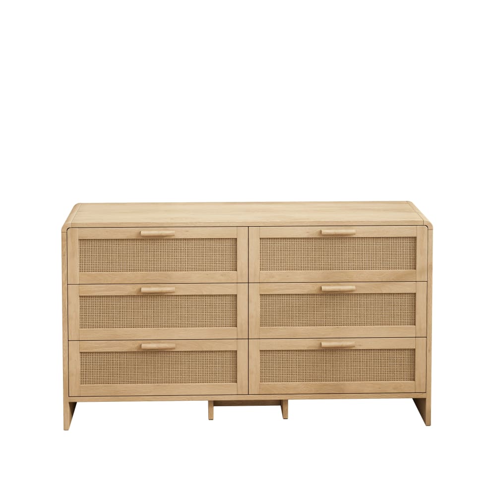 Buffet 6 tiroirs en rotin naturel et bois clair 130 cm - URBAN MEUBLE