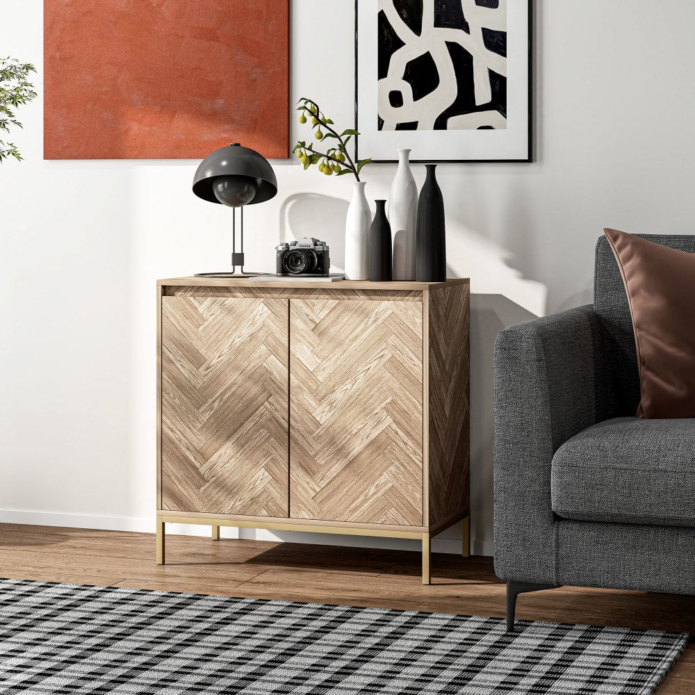 Gros plan sur le motif chevron du buffet HOMCOM