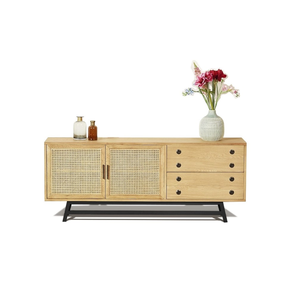 Buffet scandinave LALALA en chêne et cannage 170 cm avec 2 portes et 2 tiroirs