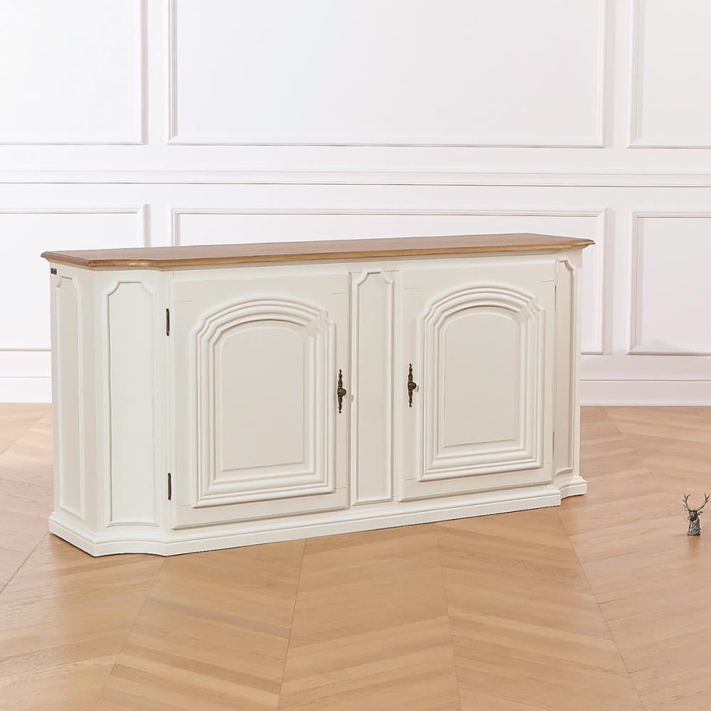 Grand buffet ELISABETH blanc patiné avec plateau en chêne cérusé 188 cm