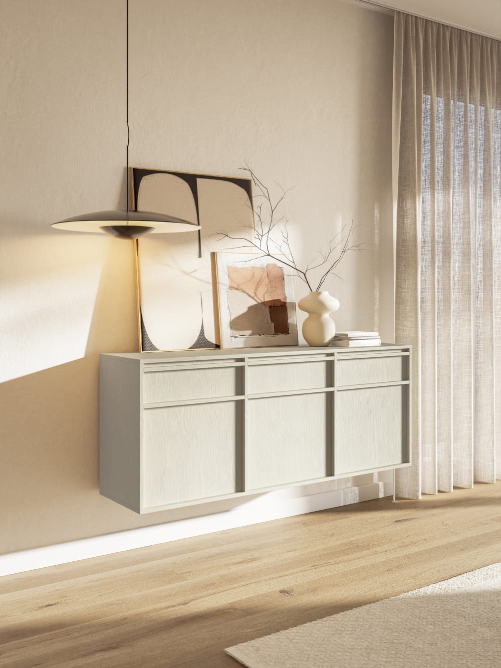Buffet EVO portes ouvertes sur ses trois armoires