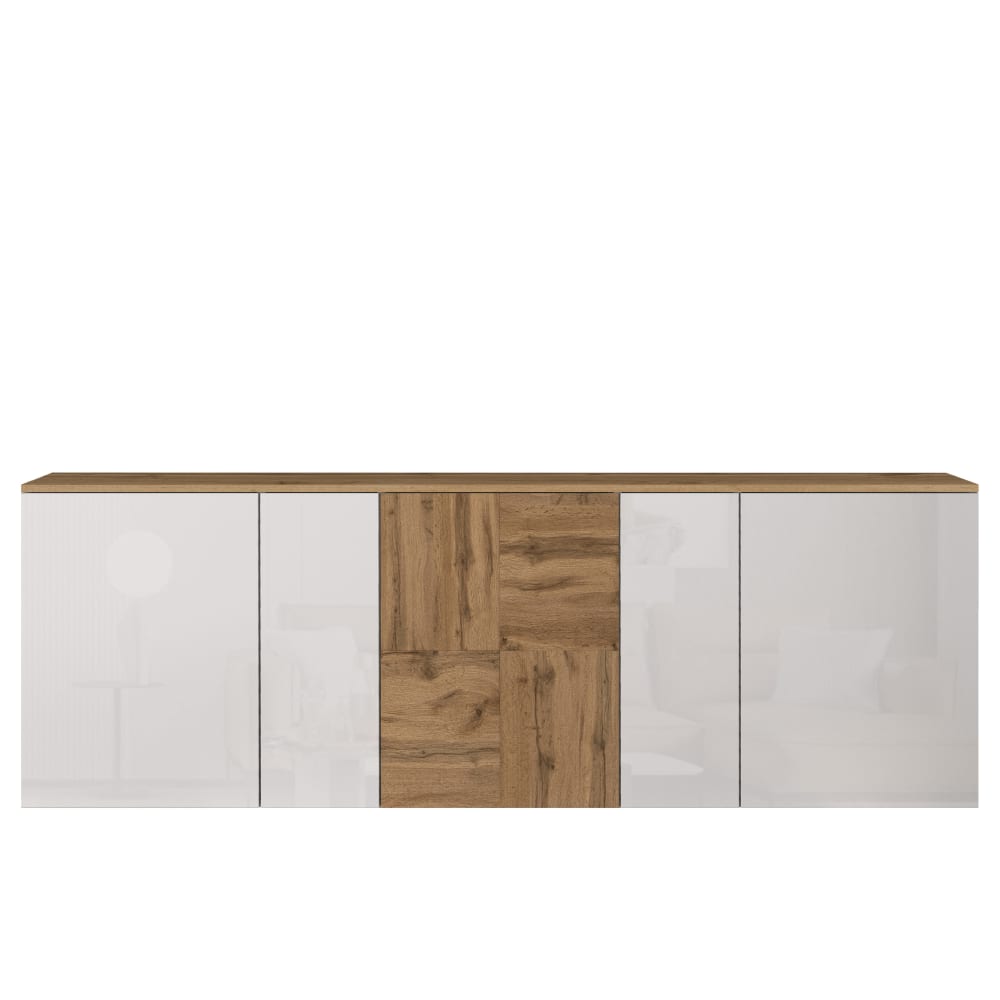 Buffet suspendu ISEO 5 portes blanc brillant et chêne 200 cm