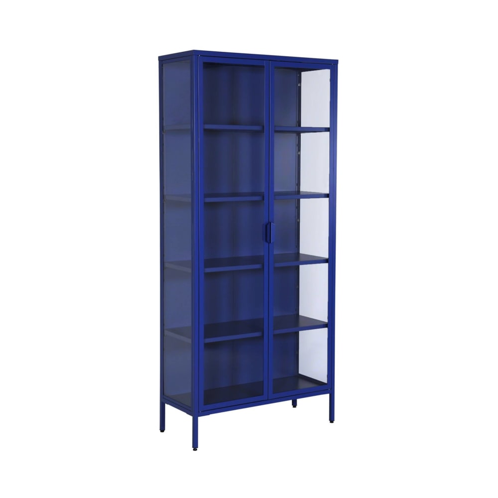 Vaisselier vitrine ARKANSAS en acier bleu et verre trempé 180 cm de haut