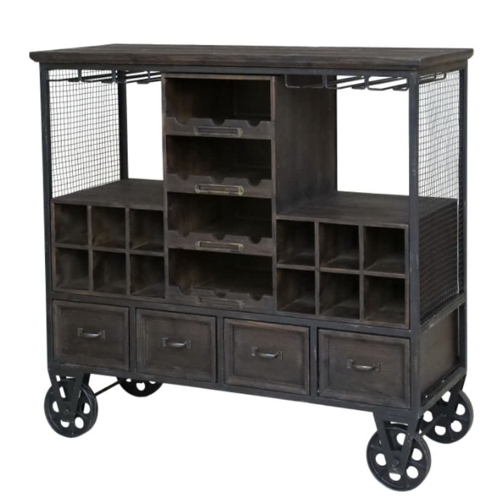 Buffet de bar CHEMIN DE CAMPAGNE 94 cm en bois marron et fer bleu avec 4 tiroirs