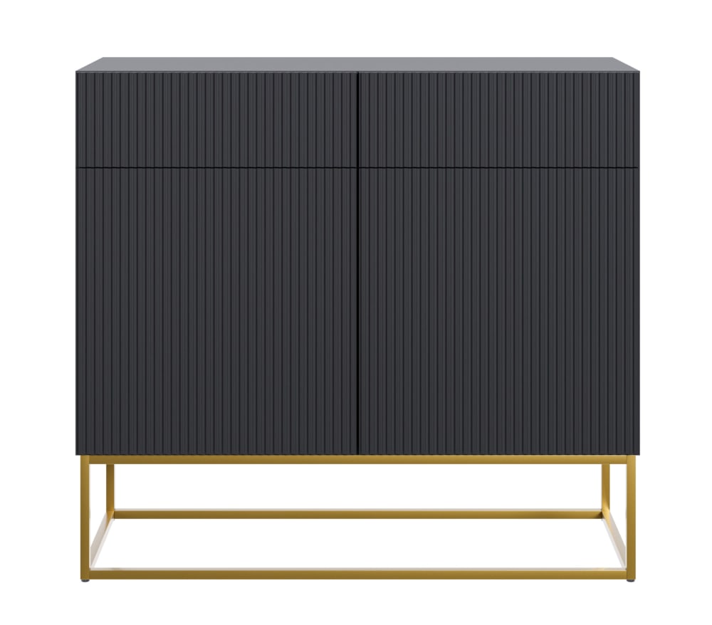 Buffet VELDIO noir mat 100 cm avec 2 portes 2 tiroirs et pieds dorés