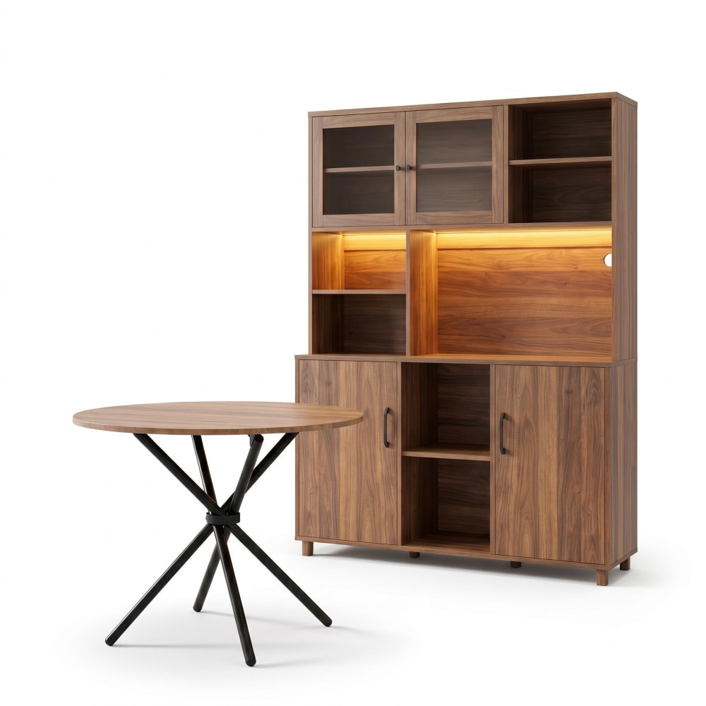Buffet vitrine haut URBAN MEUBLE effet noyer à LED 140 cm avec table ronde