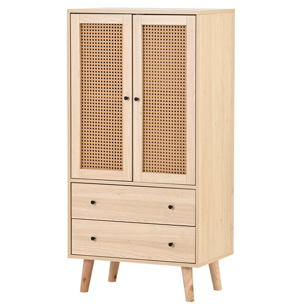 Buffet de rangement MEUBLES COSY chêne clair et rotin 60 cm avec 2 portes et 2 tiroirs