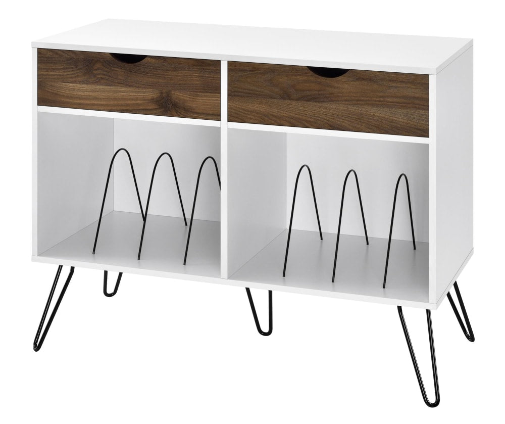 Buffet HARMONY blanc 100 cm avec 2 tiroirs et rangement à vinyles