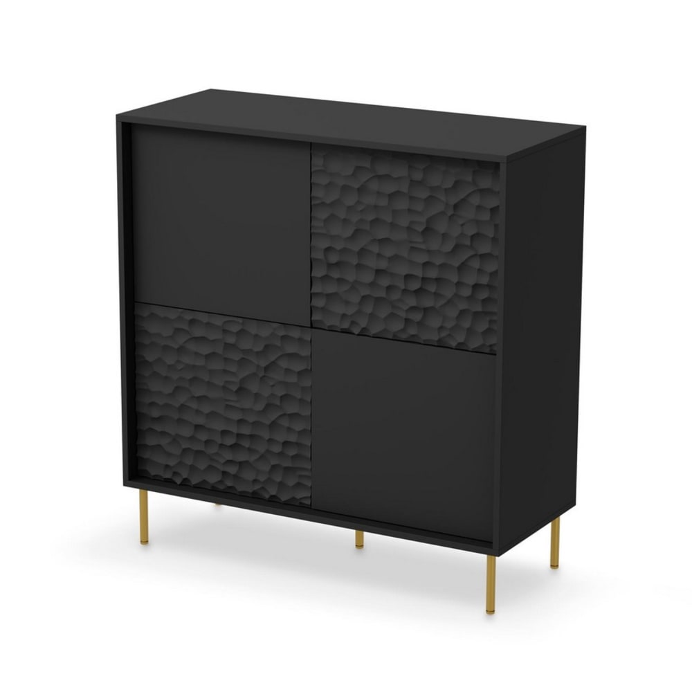Petit buffet haut 4 portes noir aux pieds dorés 100 cm - TRAMONA