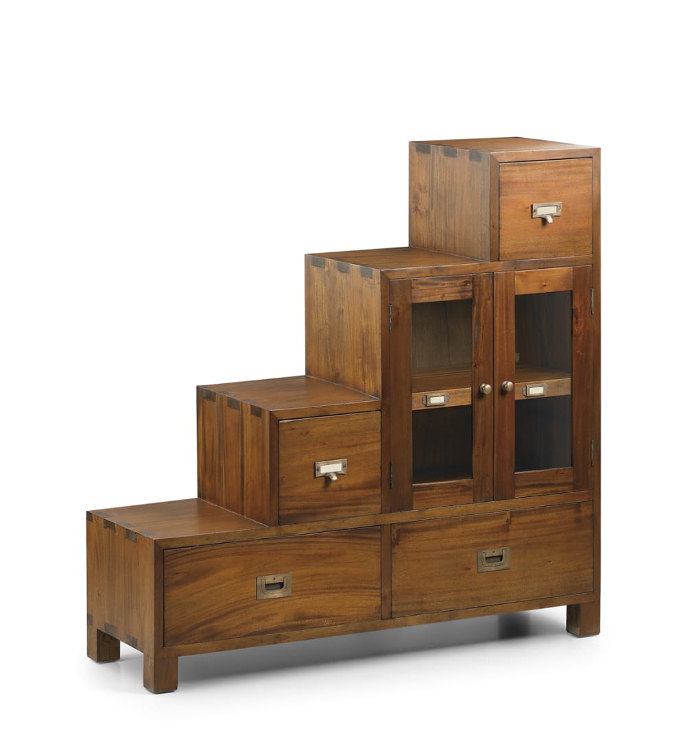 Buffet escalier FLAMINGO en acajou massif 100 cm avec 2 portes et 4 tiroirs