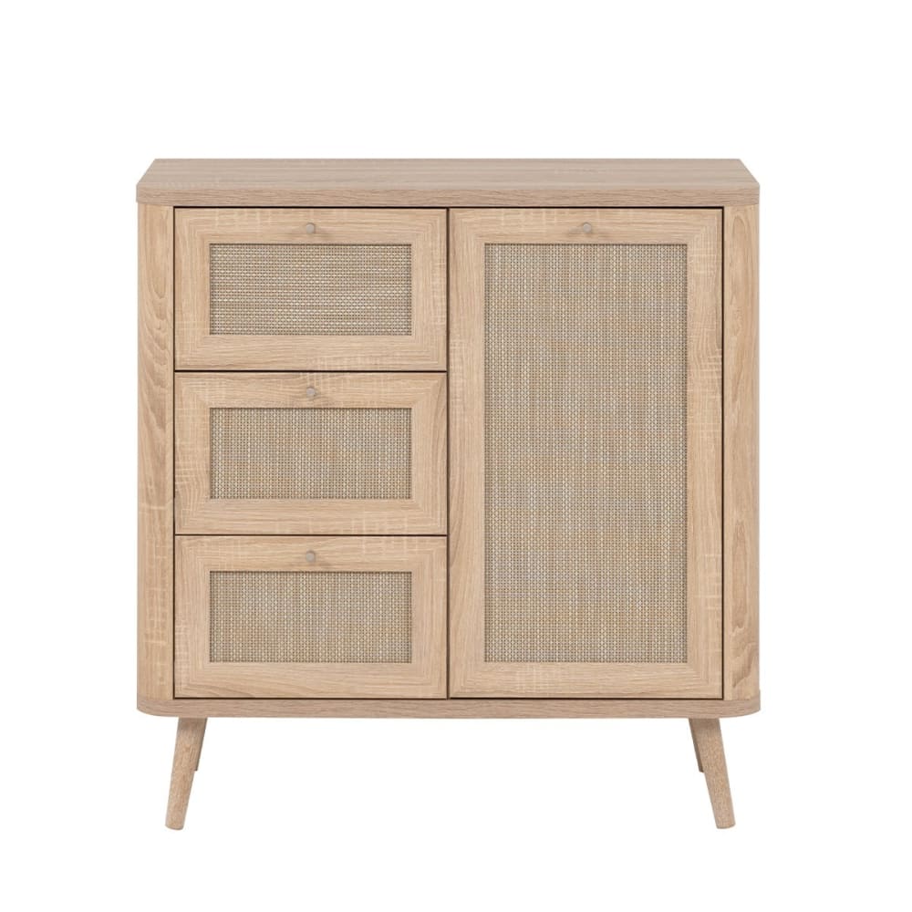 Petit buffet KUTA en cannage et bois 80 cm avec 1 porte et 3 tiroirs