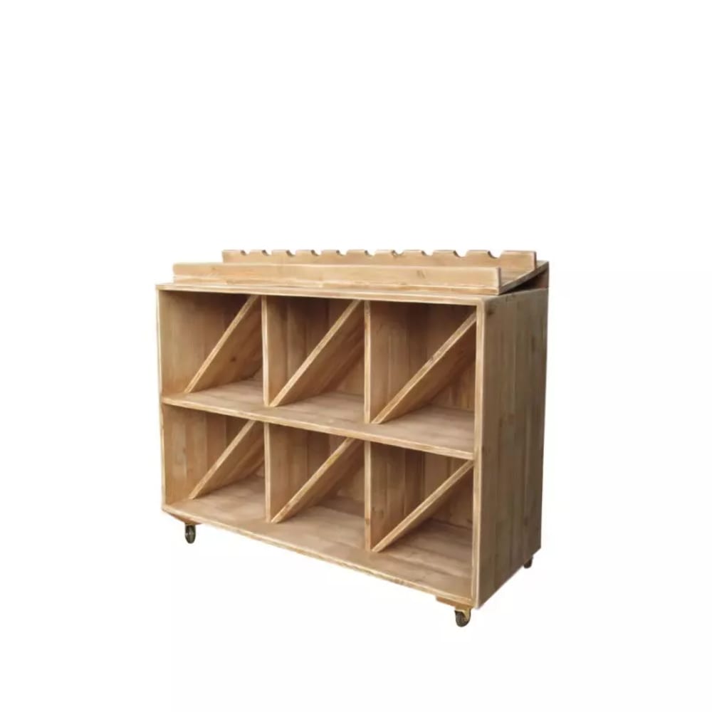 Buffet à vin TRADIS en bois massif 117 cm avec 6 casiers sur roulettes