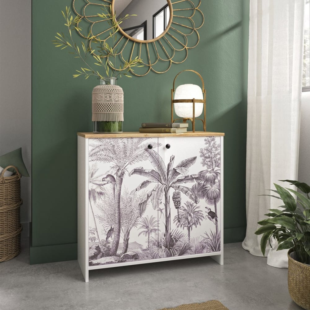 Détail du motif jungle imprimé sur les portes du buffet MOTOCO