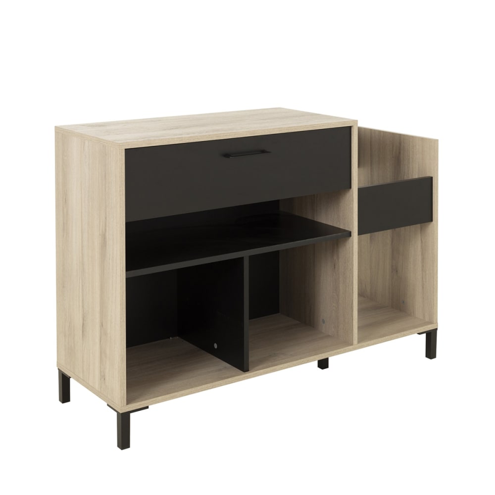 Buffet de rangement vinyles GATIEN effet bois clair et noir 115 cm avec 4 niches