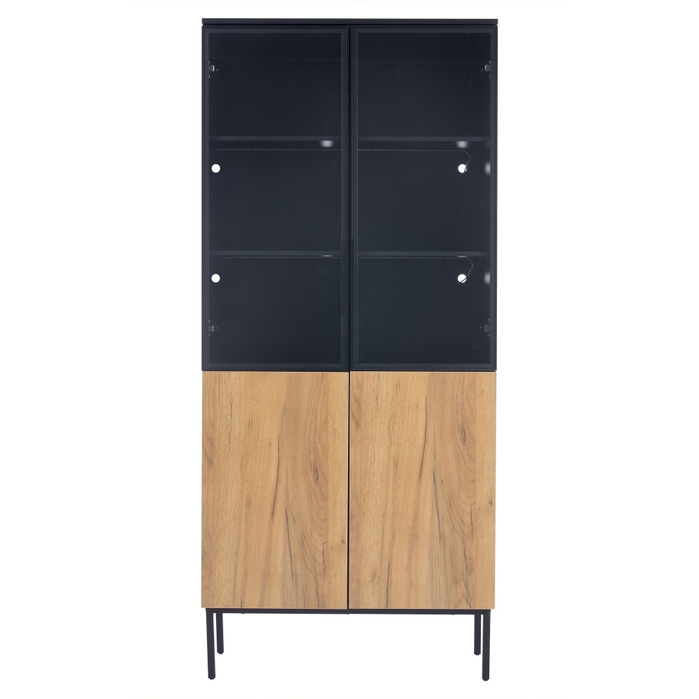 Buffet vitrine URBAN MEUBLE noir et effet chêne 180 cm avec éclairage LED