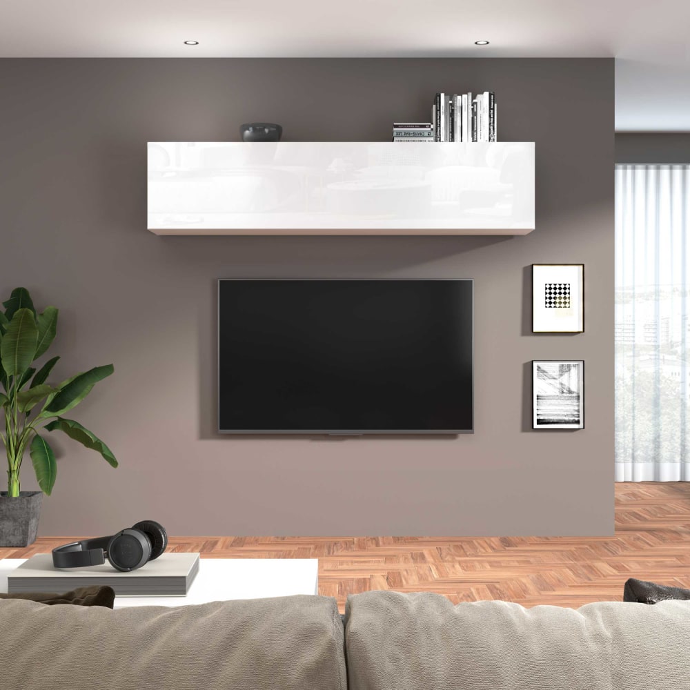 Buffet suspendu MARUSKA ouvert sur son rangement continu
