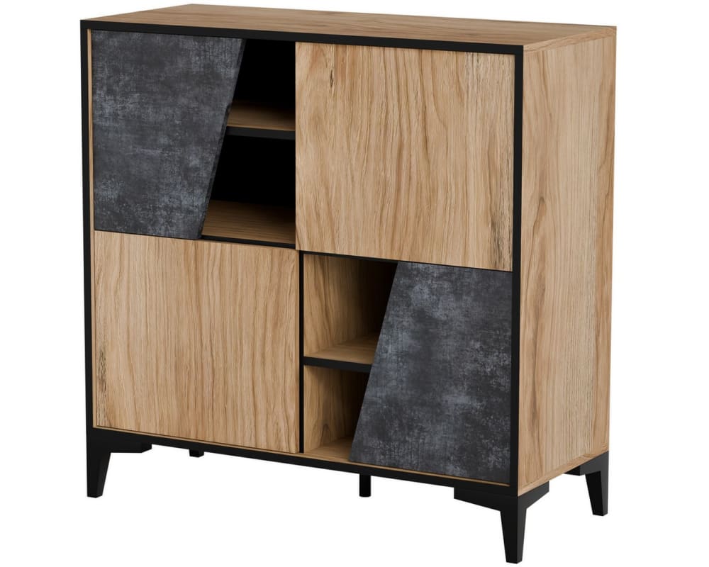 Petit bahut LUDWIG décor chêne et béton 90 cm avec 4 portes