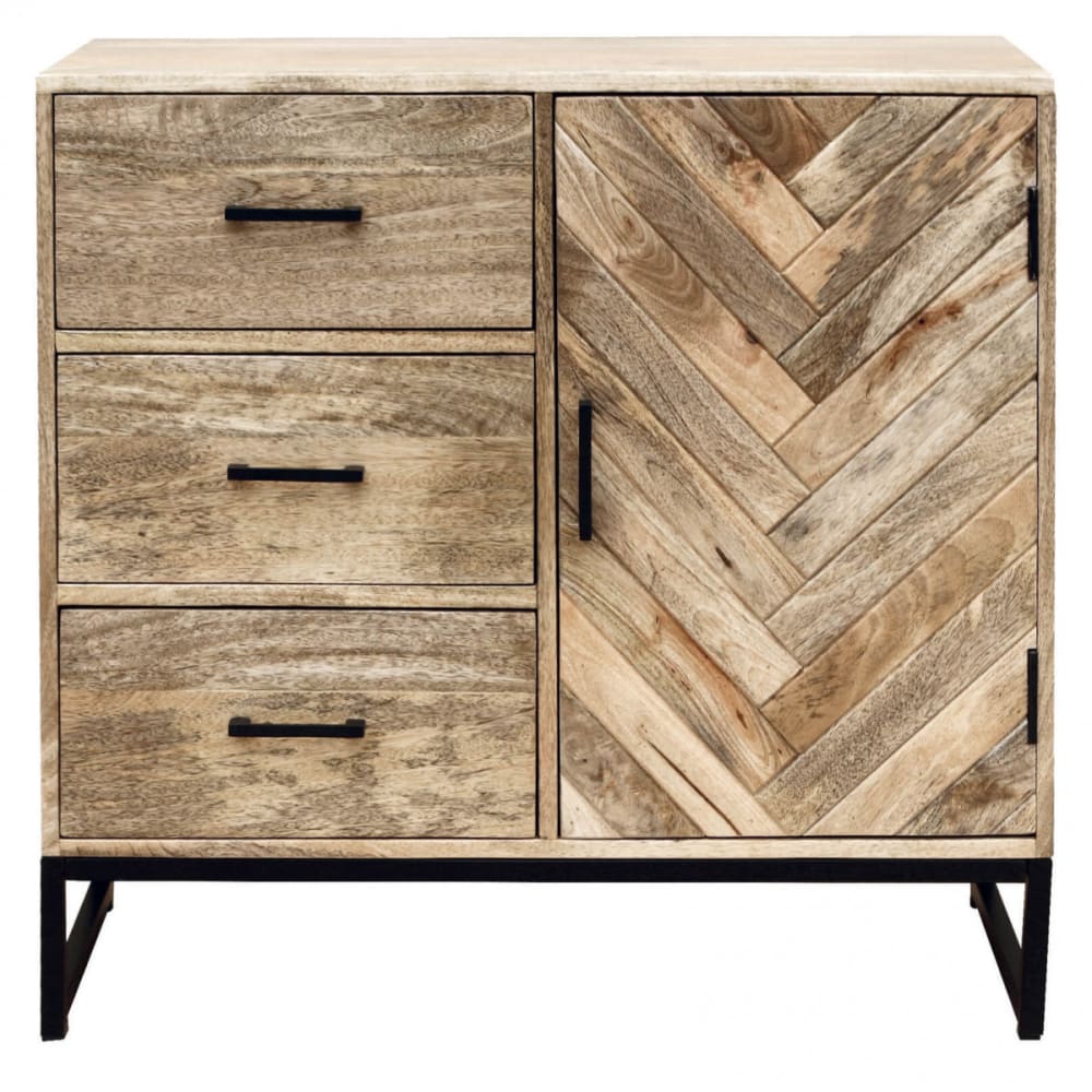 Petit buffet MANKO en manguier massif de 85 cm avec 1 porte et 3 tiroirs