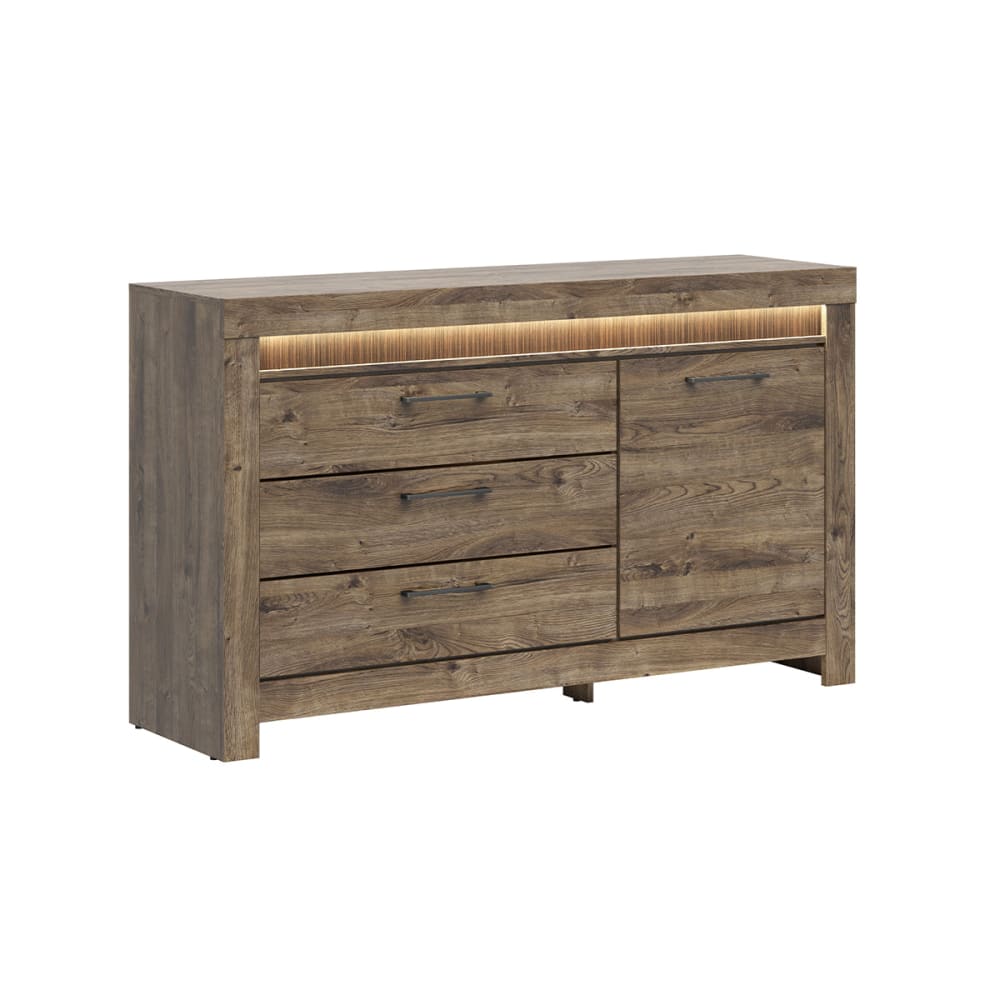 Grand buffet AMAURY effet chêne foncé 157 cm avec 3 tiroirs et barre LED