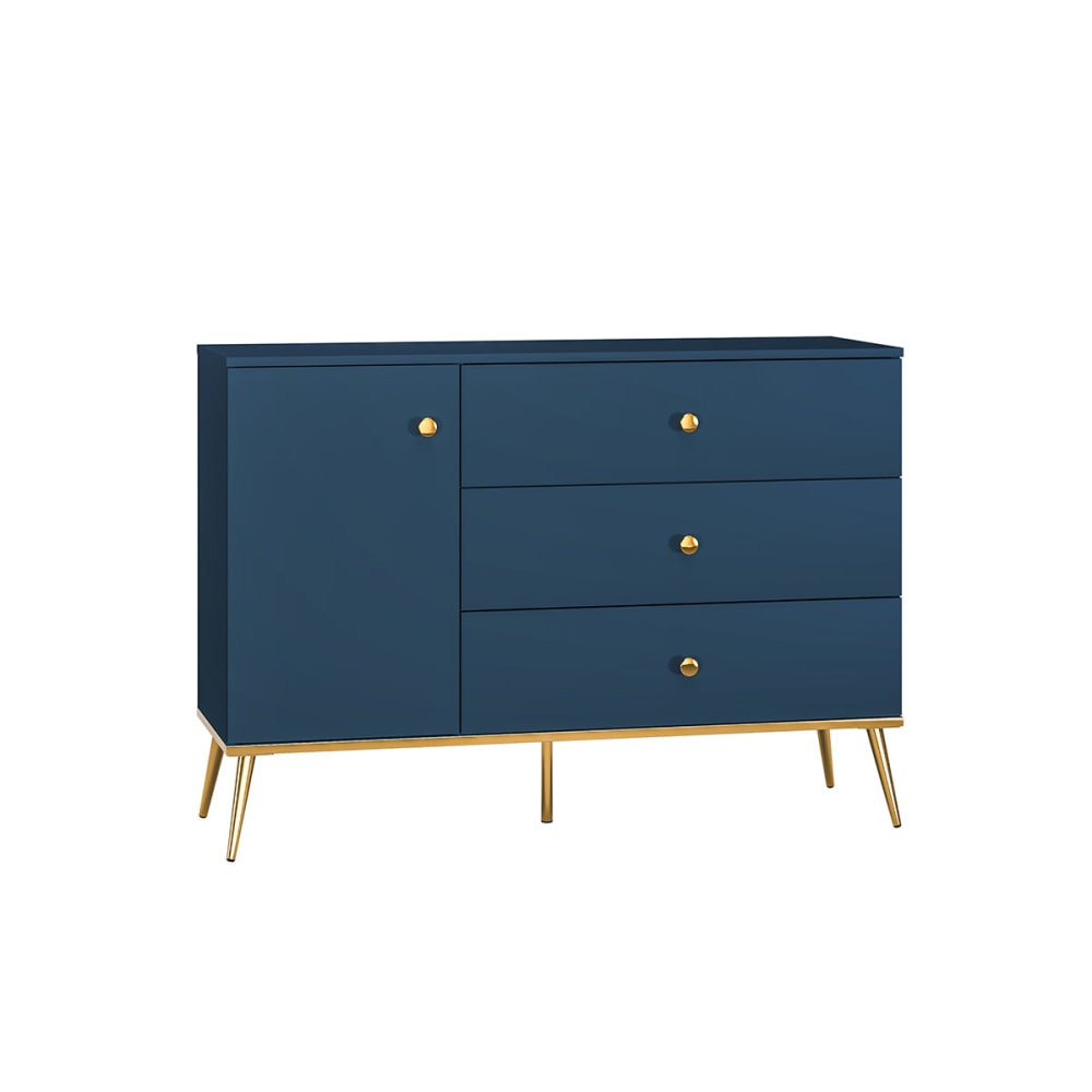 Buffet bas THALIA bleu marine 1 porte et 3 tiroirs poignées dorées 120 cm