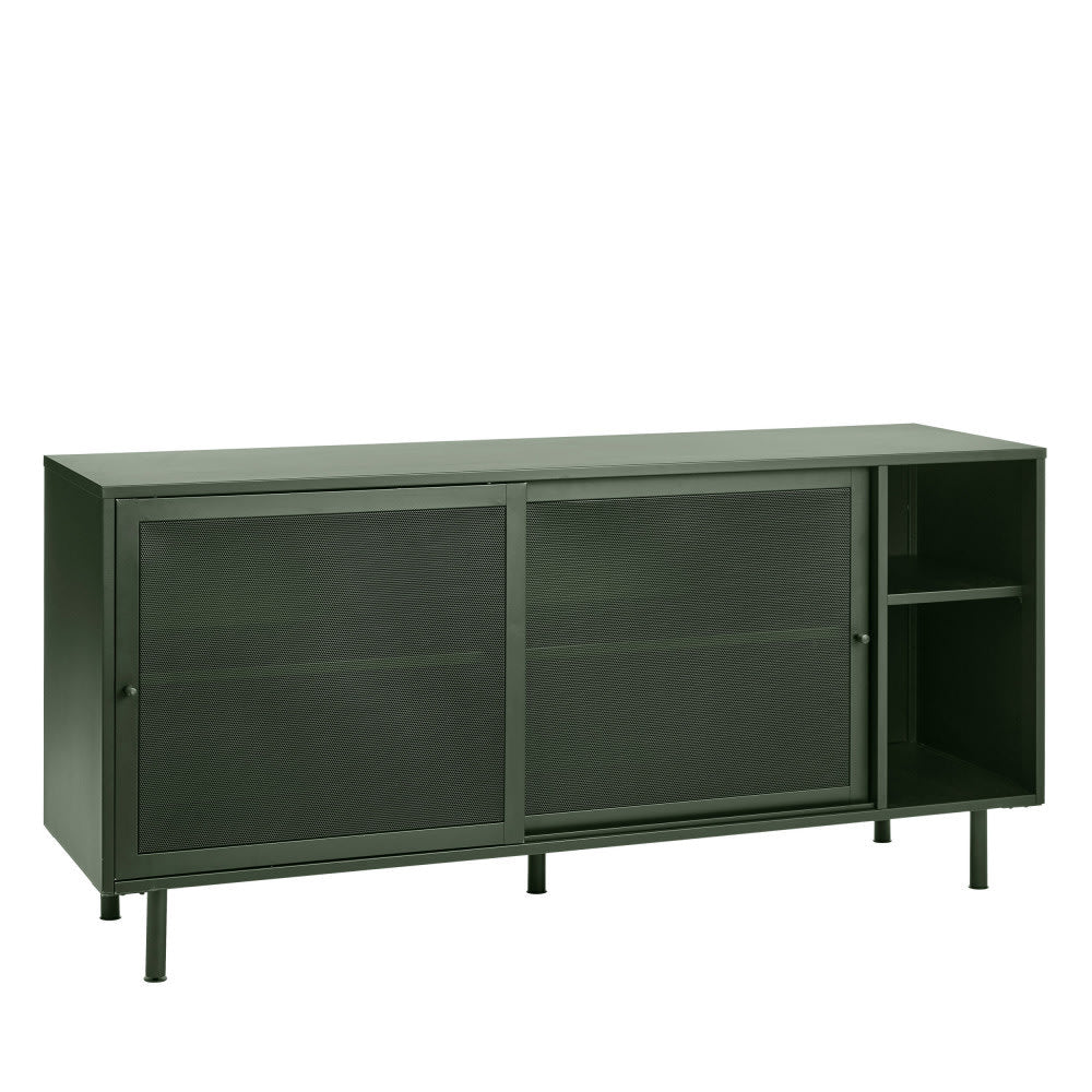 Détail des niches ouvertes du buffet KISO vert olive