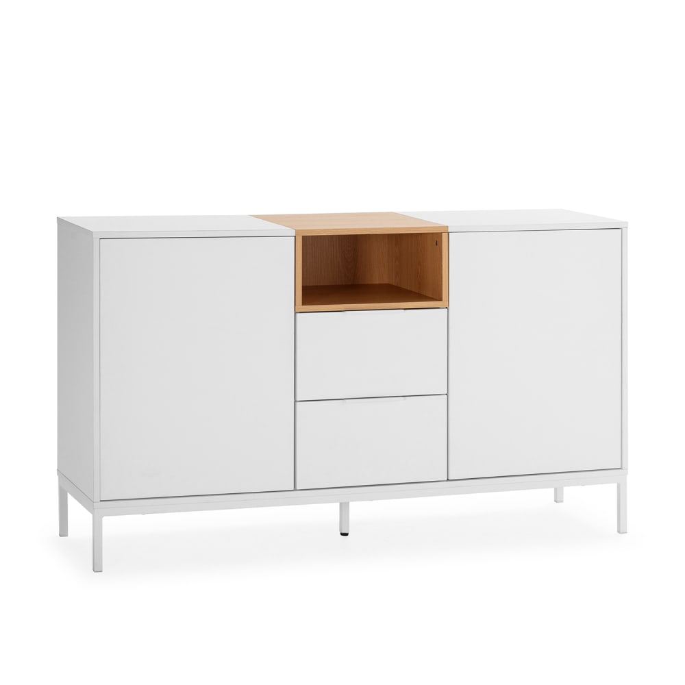 Buffet NIEVE blanc et chêne 140 cm avec 2 portes et 2 tiroirs