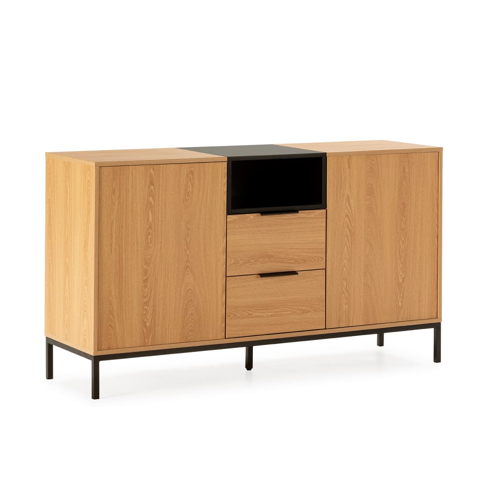 Buffet NIEVE décor chêne et noir 140 cm avec 2 portes et 2 tiroirs