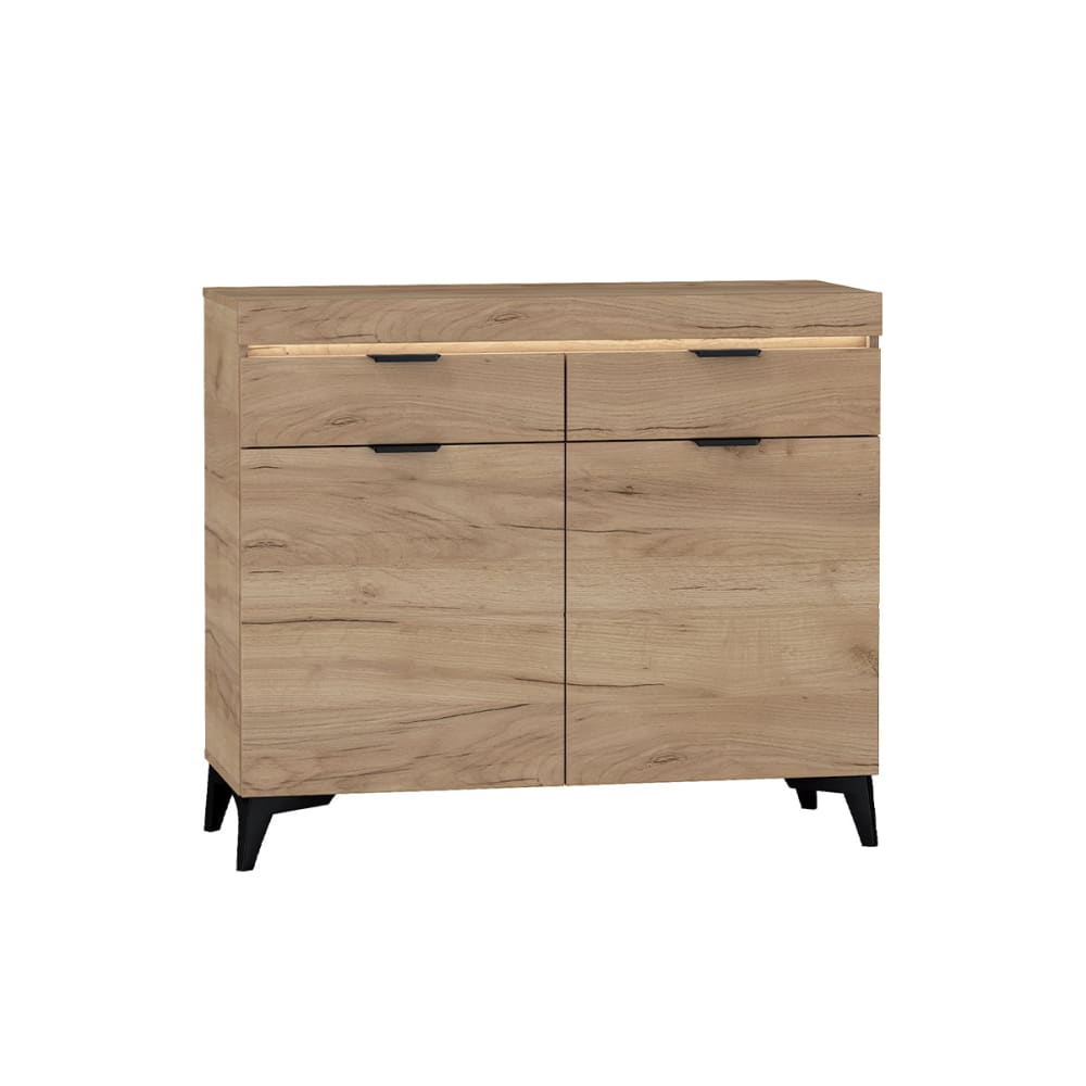 Buffet RUBEN effet chêne et noir mat 105 cm avec 2 tiroirs et LED