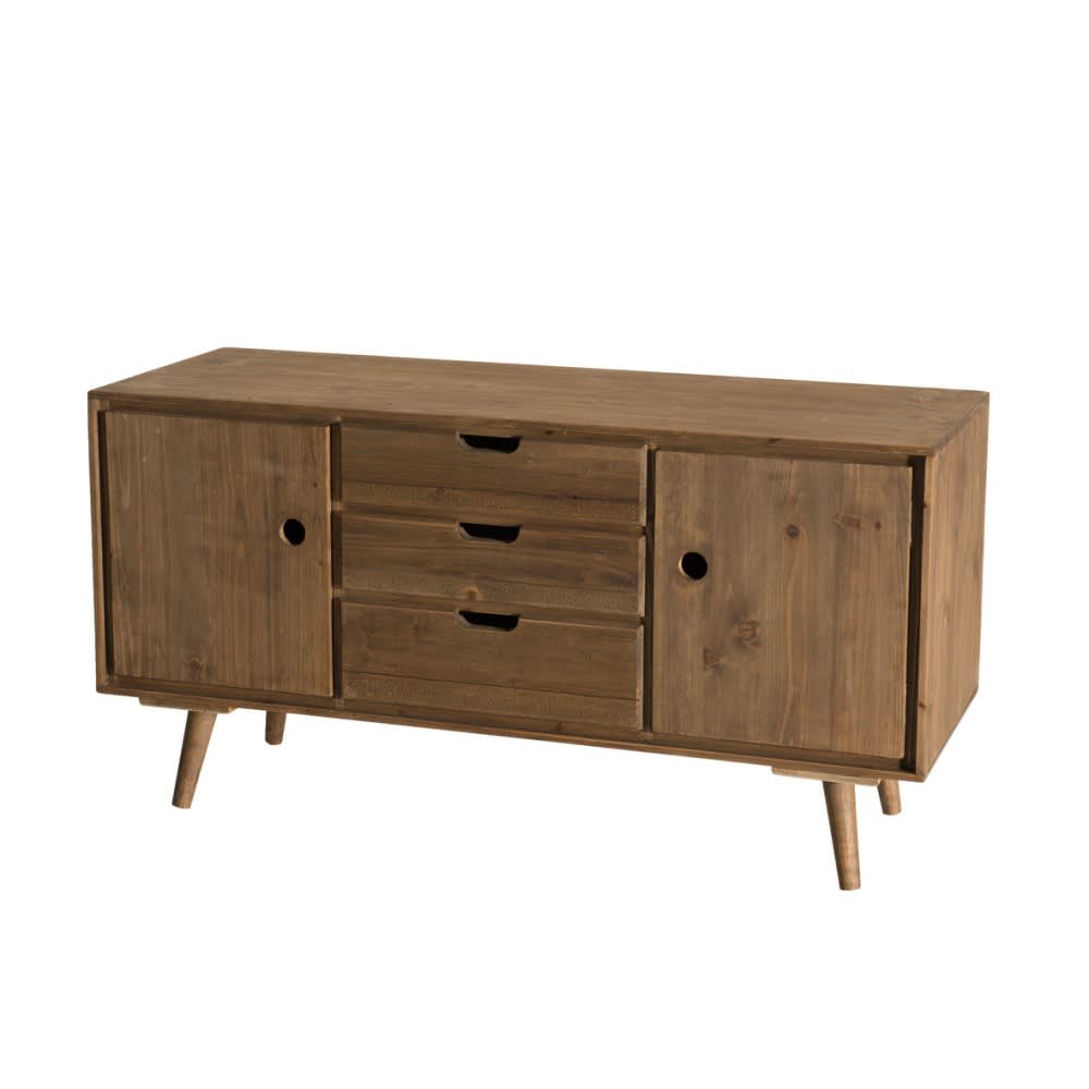 Buffet bahut scandinave ANDREW en sapin ciré 110 cm avec 2 portes et 3 tiroirs