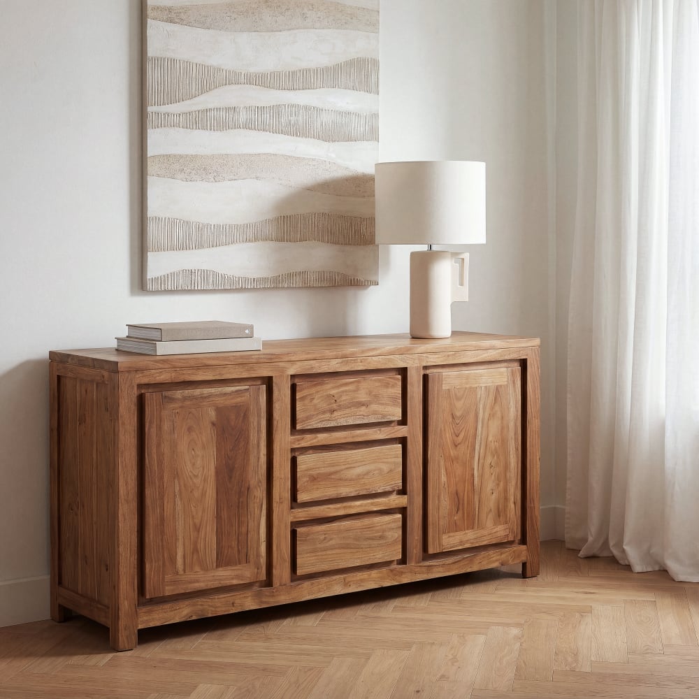 Buffet bahut STOCKHOLM en sheesham massif 160 cm avec 2 portes et 3 tiroirs