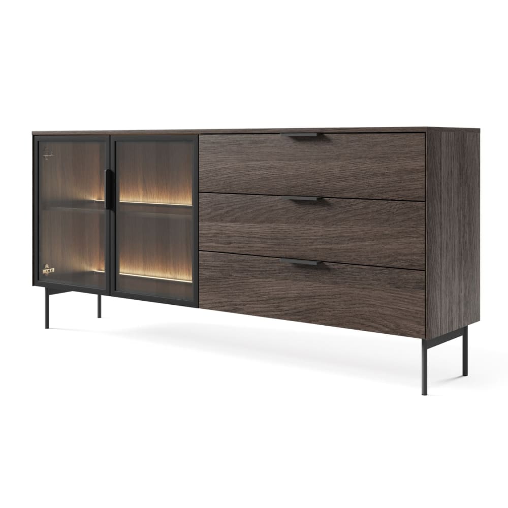 Buffet vitrine LUMI décor chêne foncé et LED 181 cm avec 2 portes et 3 tiroirs