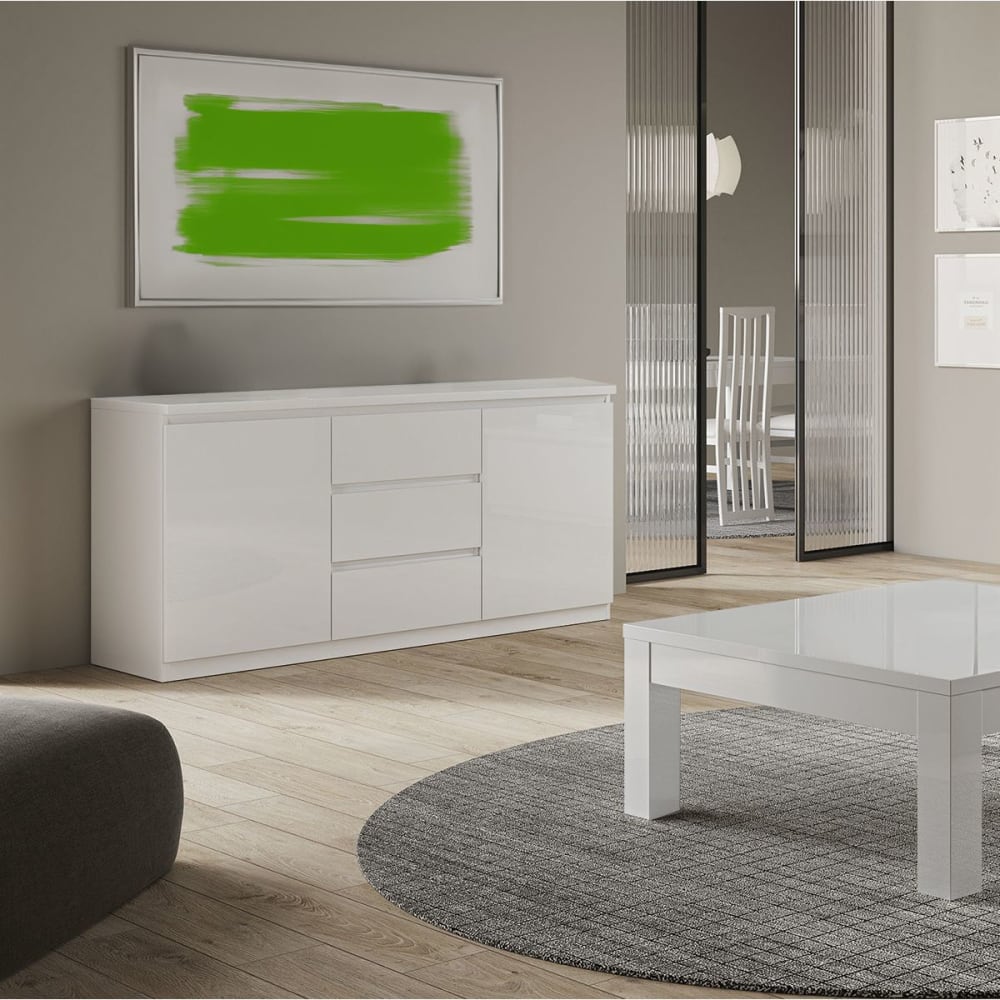Détail de la laque blanche brillante du buffet DEYTON