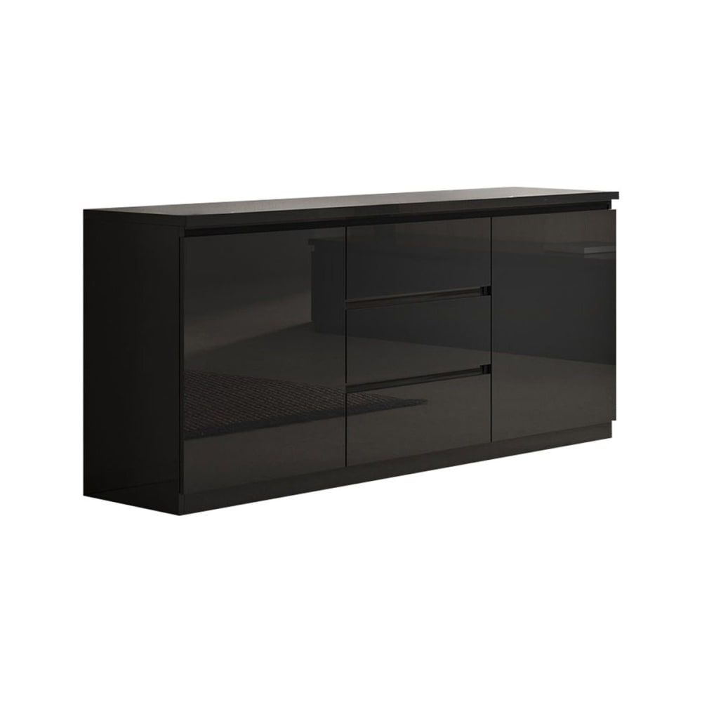 Buffet bahut DEYTON laqué noir brillant 165 cm avec 2 portes et 3 tiroirs