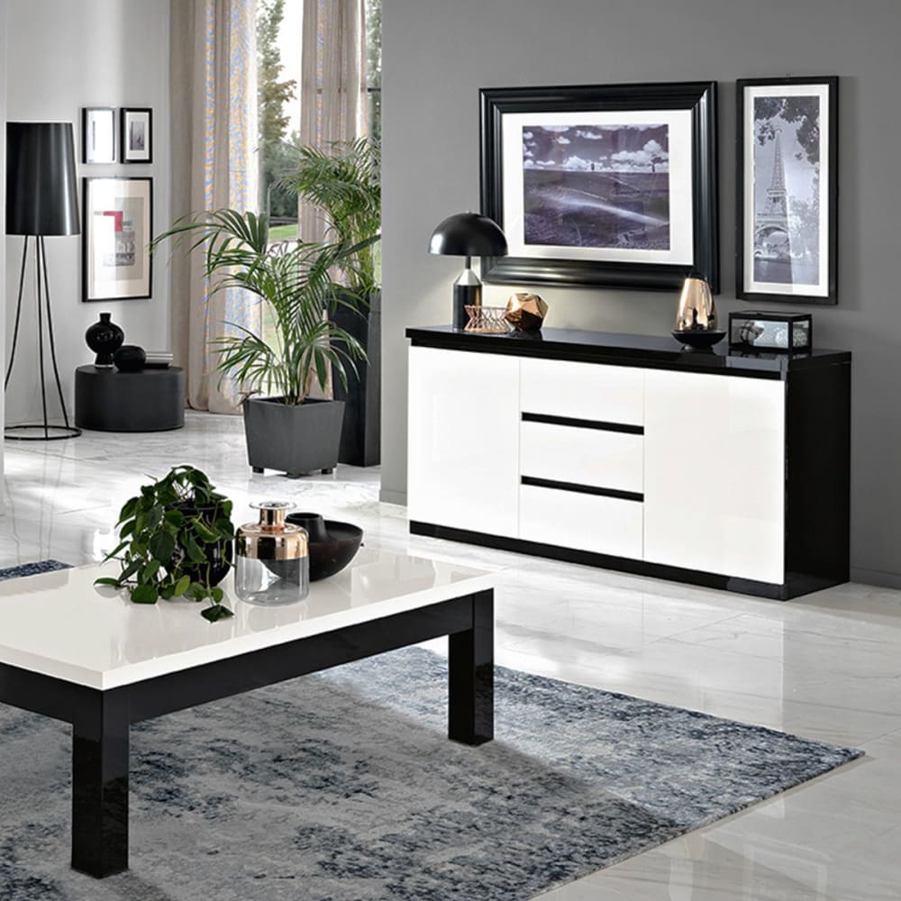 Détail du contraste noir et blanc du buffet DEYTON