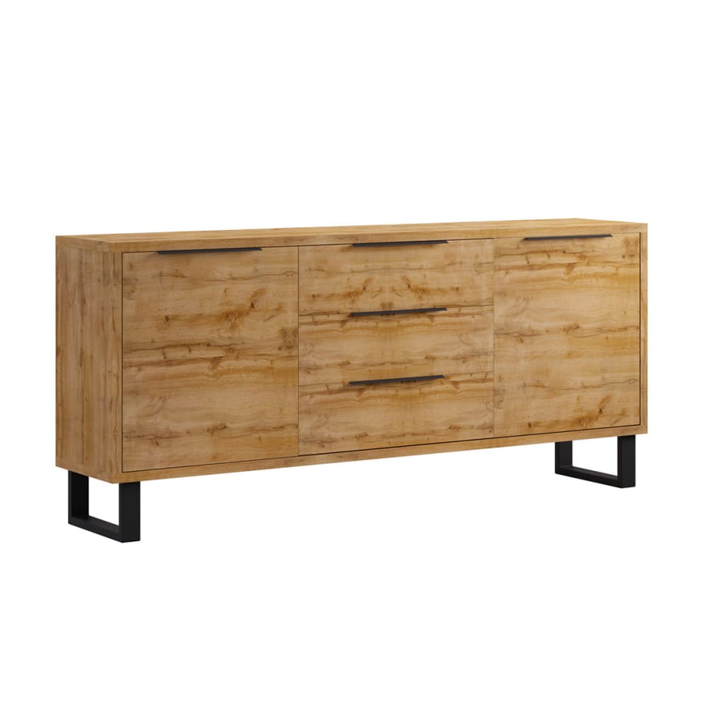 Grand buffet industriel EDEN chêne Wotan et métal noir 201 cm avec 2 portes et 3 tiroirs