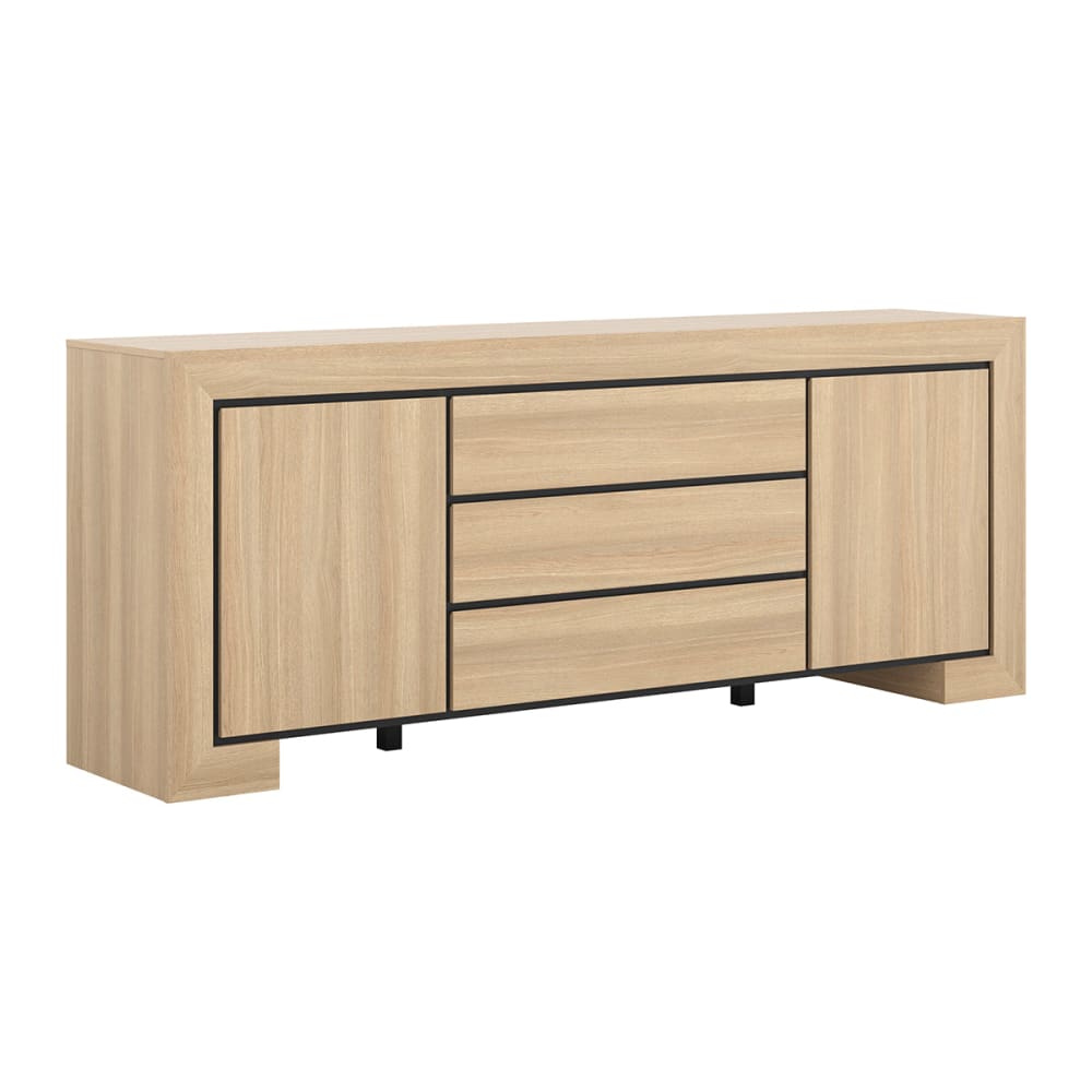 Grand buffet LUCIUS décor bois et noir 225 cm avec 2 portes et 3 tiroirs