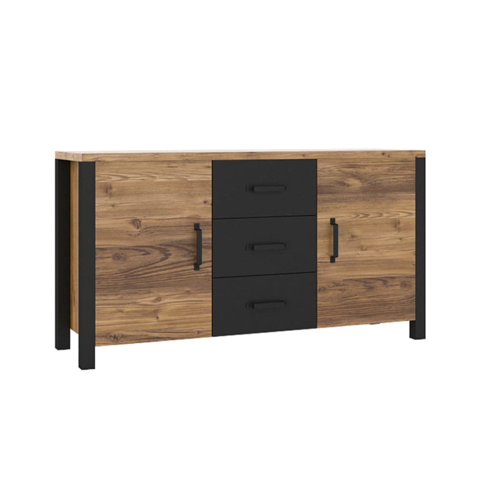 Buffet bahut LYAM effet épicéa et noir mat 147 cm avec 2 portes et 3 tiroirs