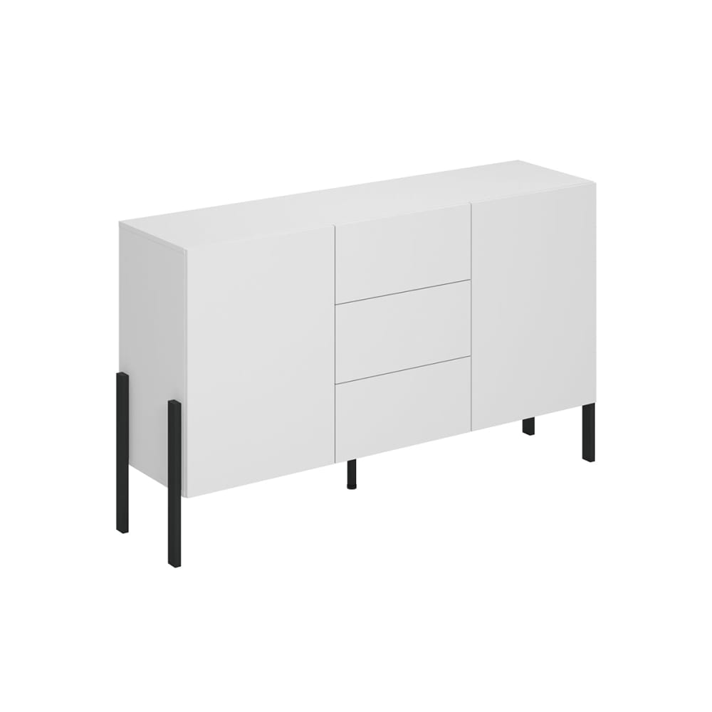 Buffet BERENICE blanc mat sur pieds noirs 2 portes 3 tiroirs 154 cm