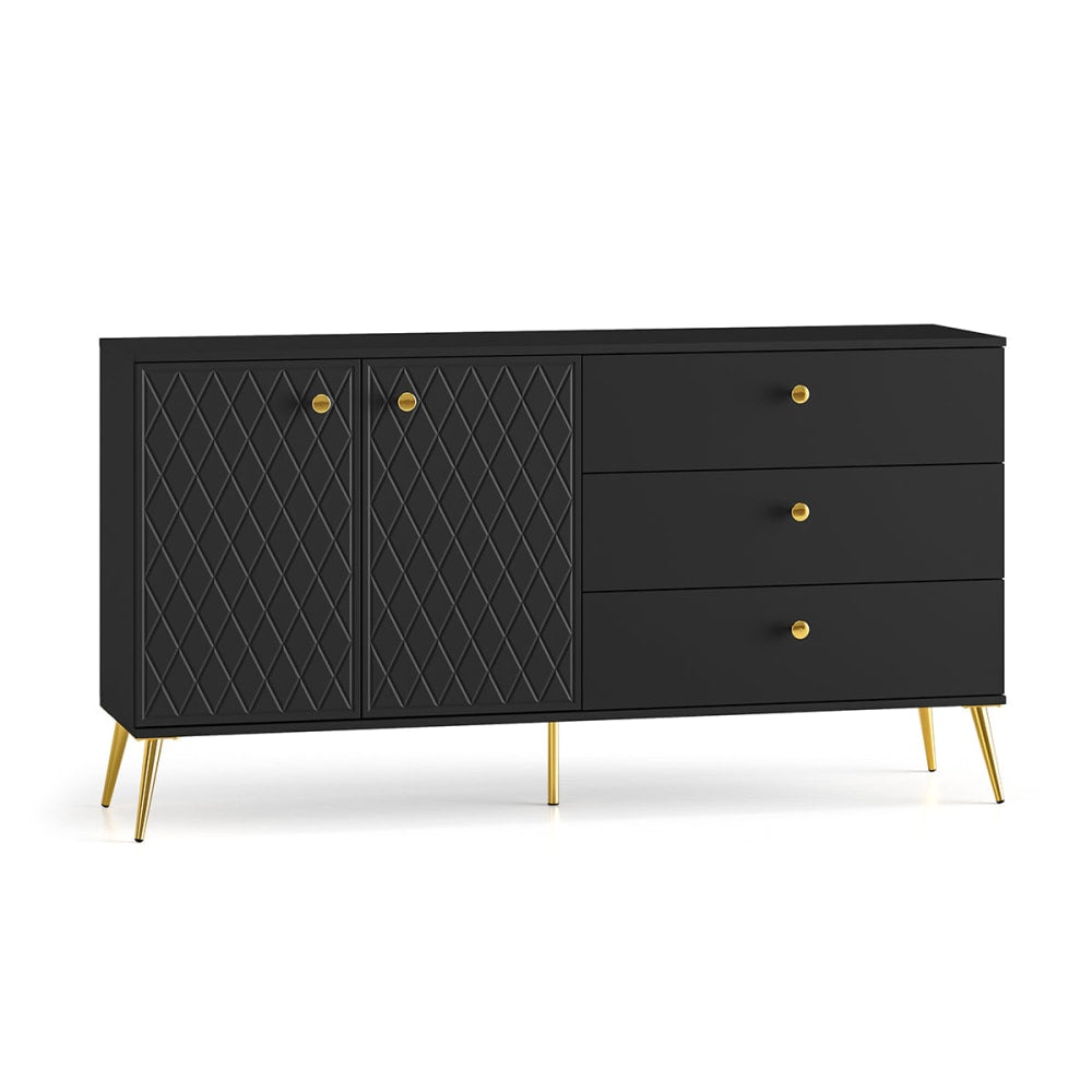 Buffet enfilade MANOE noir mat 160 cm avec poignées et pieds dorés