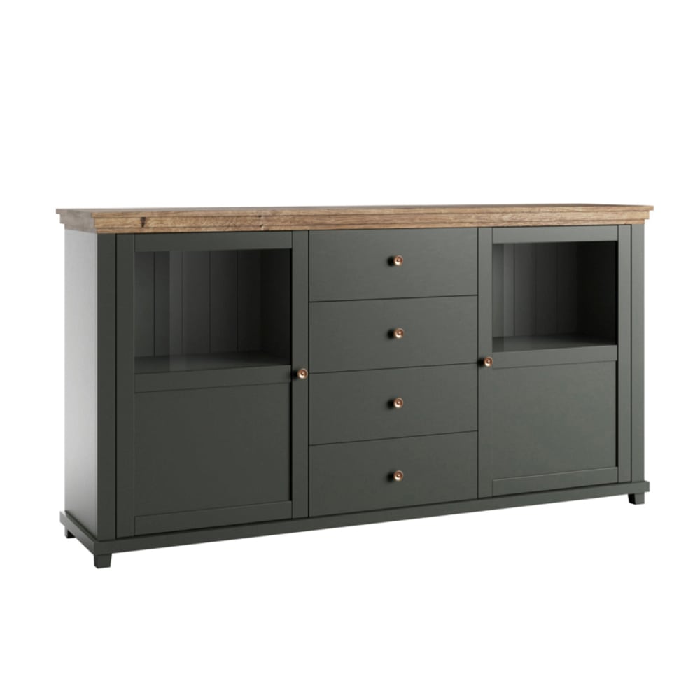 Buffet vitrine MARTIN vert et chêne 181 cm avec 2 portes vitrées et 4 tiroirs